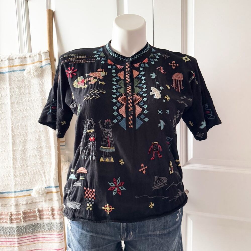 Johnny Was Pete & Greta Seraphina Black Embroidered Short Sleeve Top Women’s XS - Picture 3 of 10